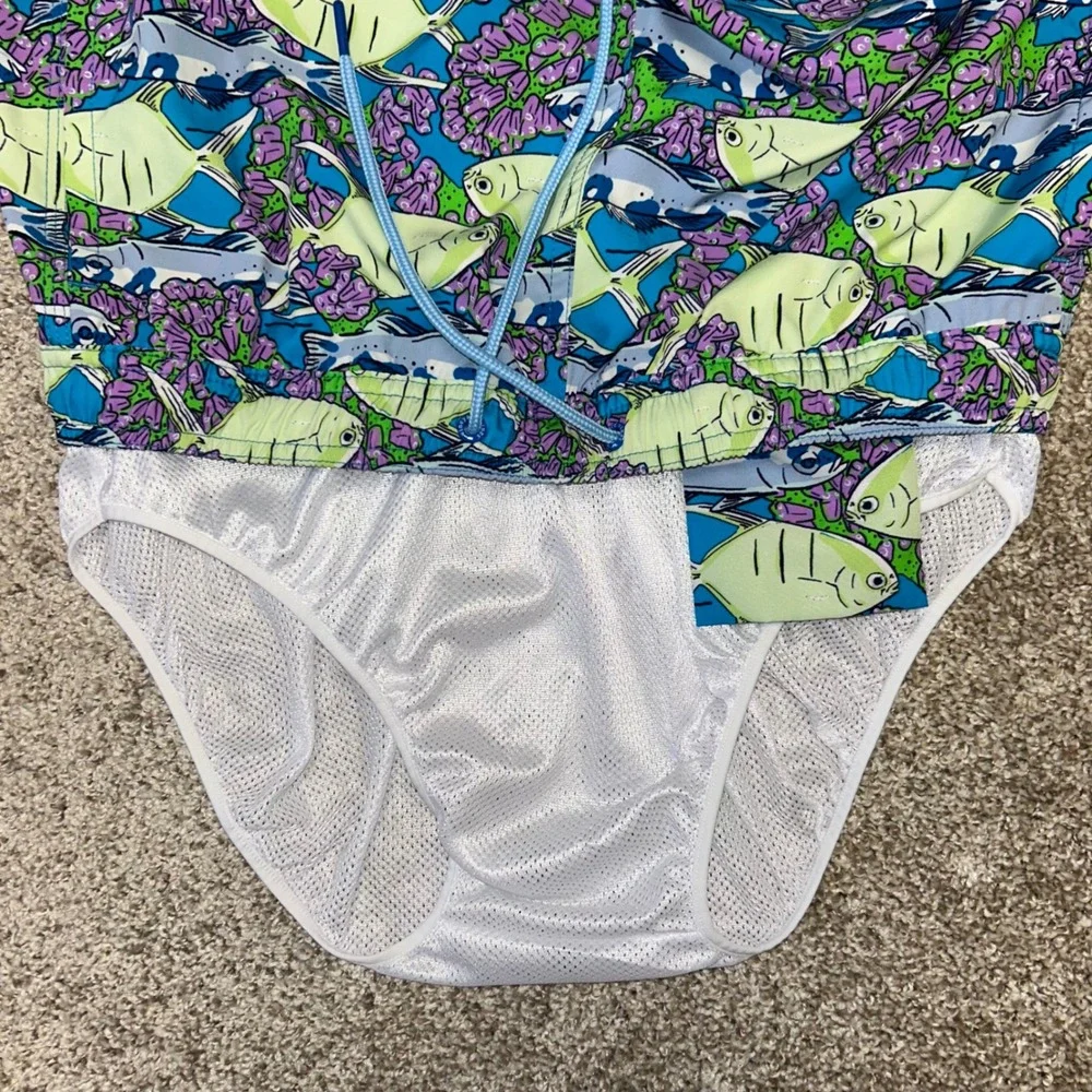 Vineyard Vines Swim Trunks Mesh Lined Men Size Small Fish Coral AOP Beach‎